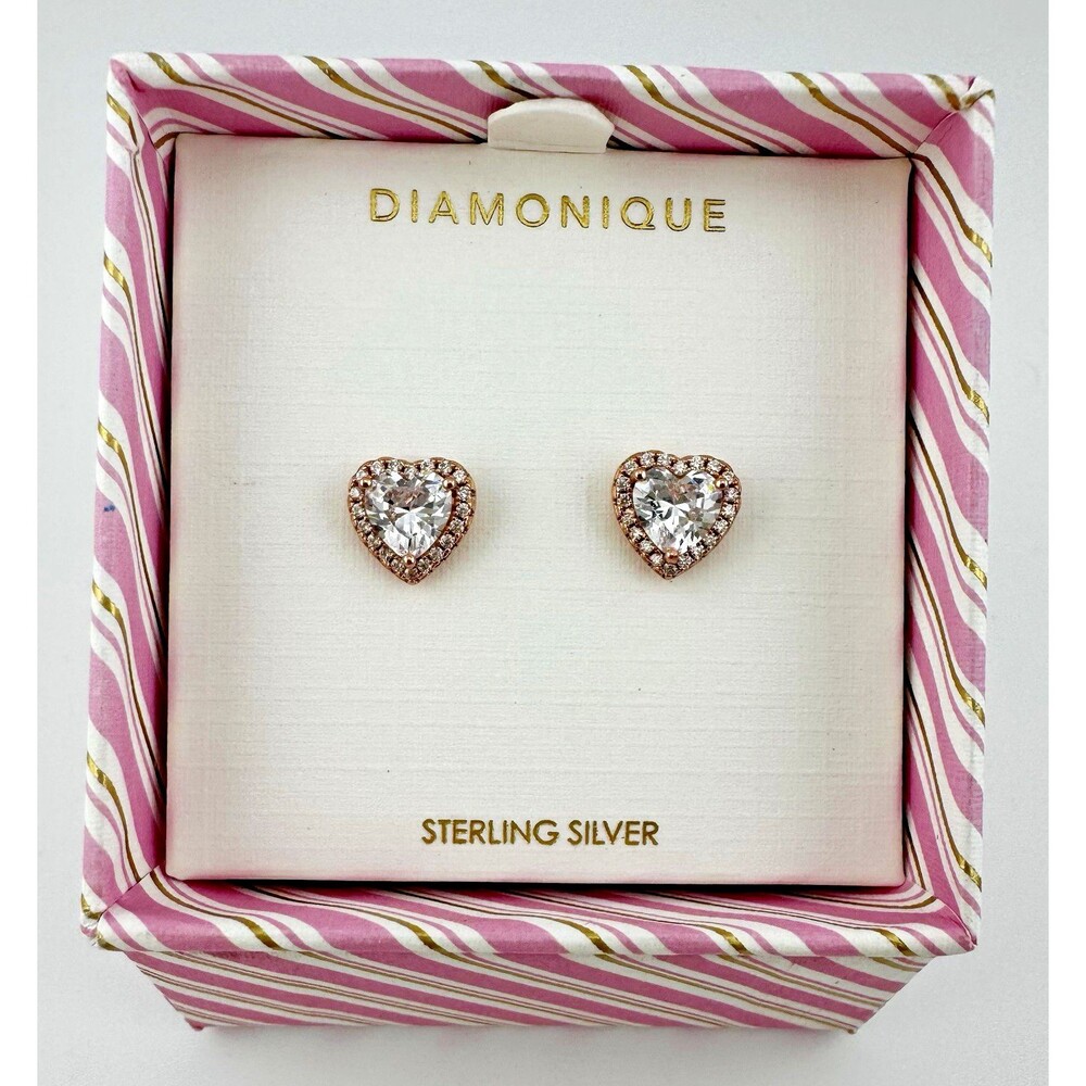 Diamonique Heart Halo Stud Earrings Rose Gold Vermeil Sterling Silver Gift Boxed